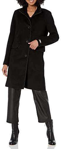 DKNY Damen Stand Collar Wool Coat Mantel aus Wollmischgewebe, Knopfleiste, Schwarz, S