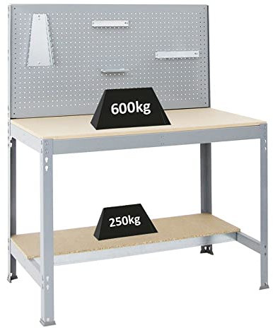 Proregal Werkbank Quick-Buffalo mit Werkzeugwand + Zubehör Alpha | HxBxT 84x120x61cm | Traglast 600kg |Grau