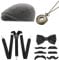 Jzszera 20er Jahre Kostüm Herren, Mafia Gatsby Gangster Kostüm Herren, 20er Jahre Accessoires mit Hosenträger Fliege Set Mafia Hut Vintage Taschenuhr für Karneval Party