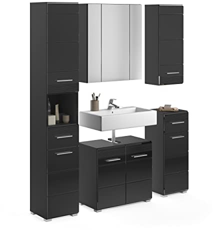 xonox.home Badezimmer Linus 5tlg. Kombination Badmöbel Set kleine Bäder Komplettprogramm Bademöbel-Set in Front schwarz Hochglanz Tiefzieh, Korpus schwarz Nb.