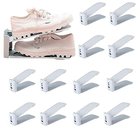 PAIDE P Schuhorganizer Platzsparend, rutschfest Schuhe Schrank, Schuhregal 3 Höhenverstellbar Mit Allen Arten Von Schuhen Kompatibel, Schuhstapler Verstellbar. (12 Stück, Grau)
