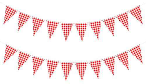 VILIFEVER 2 Pieces Red and White Checkered Banner, Double Sided Red Gingham Pennant Banner for BBQ Picnic Theme Baby Shower Birthday Party Decorations Supplies
