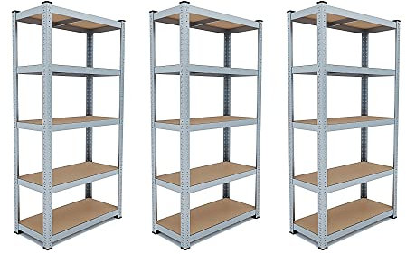 Bricozone Set 3 Scaffali In Metallo E Legno MDF Con 5 Robusti Ripiani Regolabili Design Modulare Portata Del Singolo Scaffale Fino a 875 kg Kit Per Officina Garage Magazzino, 180 x 90 x 40 cm, Silver