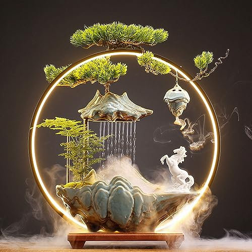 Fontaine à Eau de Table - Cascade D'intérieur avec Lumière LED Ronde - Ornements en Céramique - Mist Maker et Porte-encens - Fontaine d'eau de Relaxation pour Décor de Bureau à Domicile,D