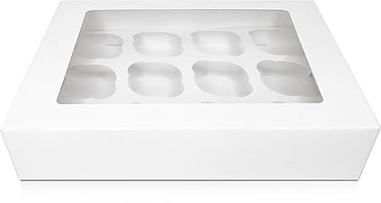 FALGUN 10 x Premium White 12 Hole Cavity Cupcake Boxes with Window and Inserts - (Rounded Inserts)