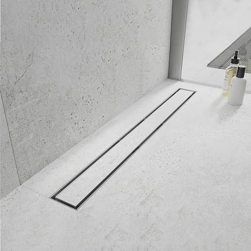 Elefloom Desagüe de ducha lineal, drenaje de 18 pulgadas con inserto de azulejos, panel 2 en 1, drenaje de piso de ducha de acero inoxidable 304 cepillado, drenaje lineal con colador de pelo y patas