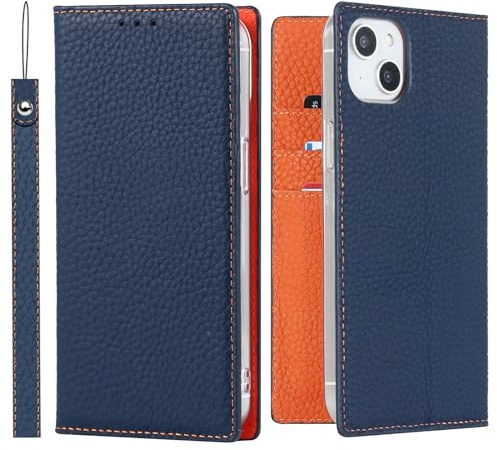 ELTEKER Hülle iPhone 13 Handyhülle [Echtes Leder] Klapphülle iPhone 13 mit Kartenfach,Schutzhülle Leder Hülle für iPhone 13-Blau