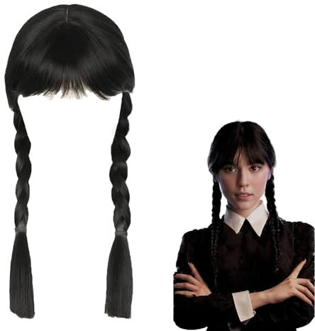 Gxlaihly Mittwoch Perücke Mit Pony,Mittwoch Perücke mit,Perücken mit Pony Zopf,Schwarze Geflochtene Perücken,für Adams Cosplay Party Fasching Karneval Halloween