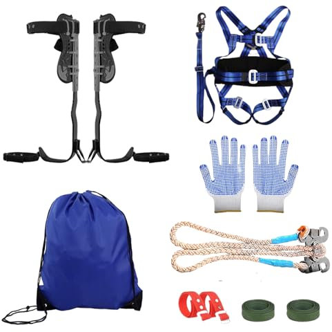 Baumklettern Ausrüstung Set, Steigeisen Edelstahl Baumklettern & Klettergurt, Verstellbarer Vollkörper Auffanggurt mit 1Paar Non-Slip Handschuhe/2 Fallsicherungsseil für Baumklettern/Bergsteigen