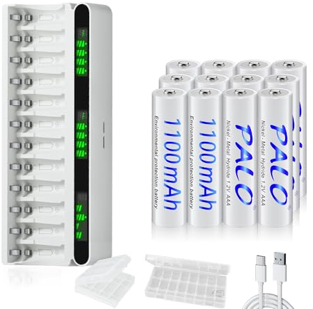 Mspalocell 12 Pack 1100 mAh AAA rechargeable batteries with charger, USB Type-C 5v2A LCD screen quick charger with 12 slots for 1.2 V NiMH rechargeable batteries AA AAA