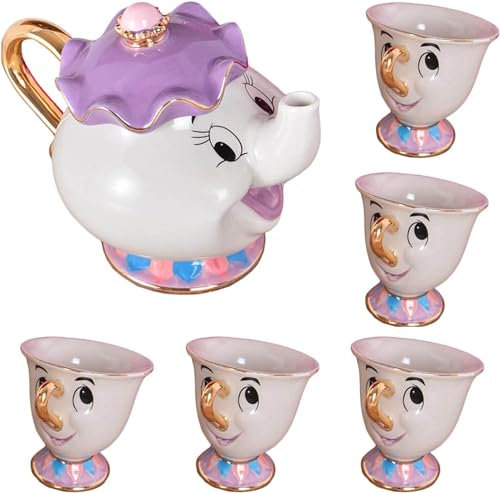 ZORZA Set da tè in ceramica La Bella e la Bestia, teiera in oro Mrs. Potts, bellissimo set da tè in ceramica, teiera regalo di Natale,White trumpet,5 cup