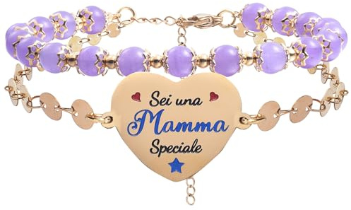 LParkin Regalo Mamma Compleanno Bracciale Mamma Oro, Doppio Bracciale Perline Viola per Mamma Donna, Inox Regolabile Bracciale Con Cuore Festa Della Mamma