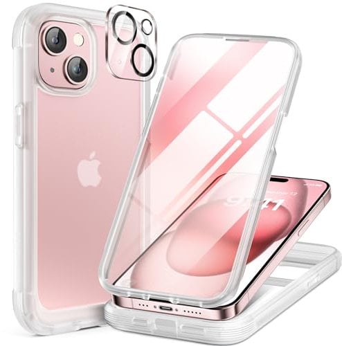 Miracase Glass Case for iPhone 15 Case 6.1-Inch, Full Body Bumper Clear Back Cover and Built-in 9H Tempered Glass Screen Protector + Camera Lens Protector (Matte Clear)