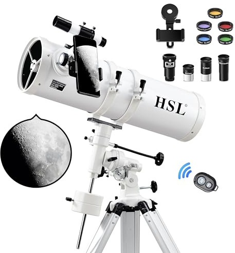 HSL Teleskop 150EQ Fernrohr mit 5 Farben Filiter, 150 mm große Blende, Newtonscher Reflektor für Erwachsene, manuelles Äquatorial-Teleskop mit 3-facher Barlow-Linse