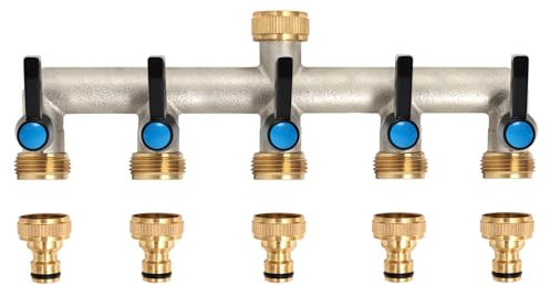 OPERMAXER Distributore dell'acqua per rubinetto a 5 vie, manico allungato, 3/4 pollici, in ottone con rubinetti di intercettazione, 5 distributori da 3/4, adattatore da 1/2 per dispositivi e tubi da
