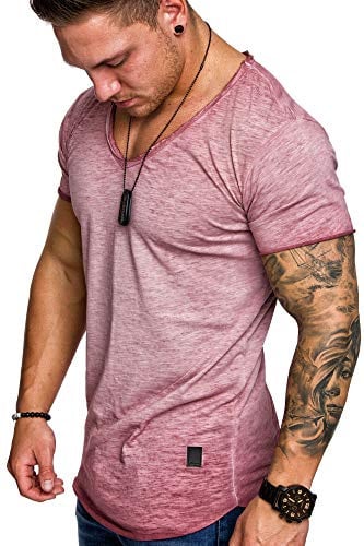 Amaci&Sons Oversize Herren Vintage T-Shirt Verwaschen V-Neck Basic V-Ausschnitt Shirt 6034