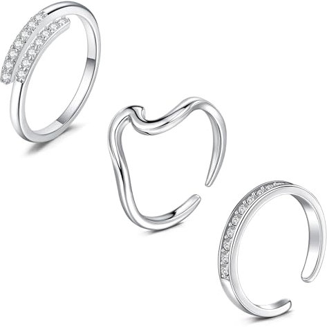 WillTen 3Pcs Silber Zehenring Edelstahl einstellbar Biegung offener Zehenring, Blume Pfeil Blatt CZ Zehe Finger Schwanz Ring Sommer Strand Fußschmuck Set für Frauen Männer