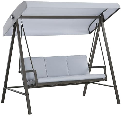 Outsunny Columpio de Jardín de 3 Plazas Balancín Exterior Jardín con Toldo Ajustable Cojines Extraíbles y Estructura de Acero Carga 360 kg 200x125x175 cm Gris