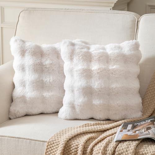 Joyouth 2er Set Plüsch Kissenbezug Dekorativ Sanft Kurze Wolle Samt Zierkissenbezüge Luxus Square Kissenhülle für Sofa Couch Wohnzimmer 40x40 cm Cremeweiß