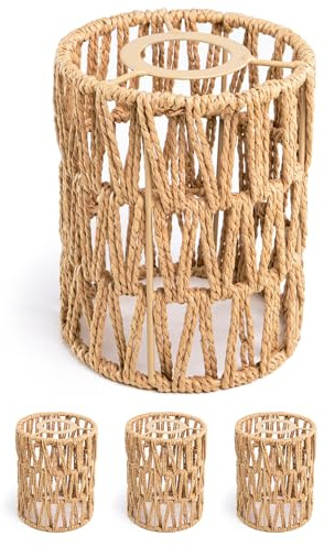 ledscom.de 4x Handgefertigter Boho-Seil-Lampenschirm, geflochten, natur-beige, 120mm Ø