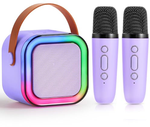 SYNCFUN Mini Karaoke Machine 2 Microphones For Kids And Adults, Bluetooth Speaker With Led Lights Karaoke Set With 2 Wireless Mics,Karaoke Machine Kids Toys,Gifts For Girls Age 5 6 7 8 9 10(Purple)