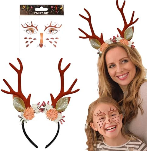KYOEOE Geweih Haarreif Damen,Rentier Haarreif mit Blumen,Reh Haarreif Damen mit Hirsch Gesichtstattoo, Haarreif Hirschgeweih Headband Rehkostüm Damem Karneval Faschingskostüme Damen Reh Accessoires