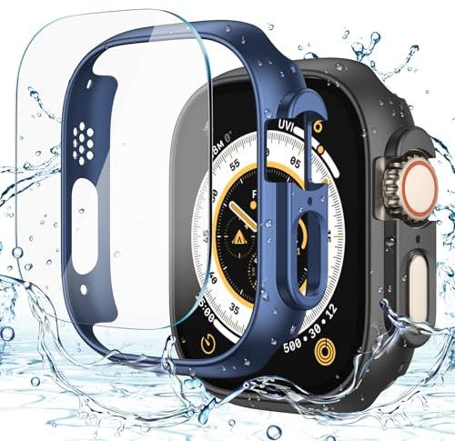 Misxi [2+2 Pezzi Cover per Apple Watch Ultra 3 /Ultra 2 /Ultra 49mm, Pellicola PC + Protezione Schermo in Vetro Temperato [con Kit Allineamento Automatico], Vetro per iWatch, 1 Blu + 1 Nero Opaco