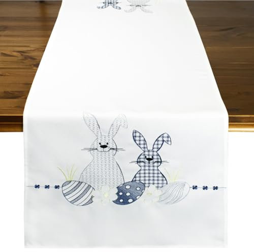 Tischläufer mit Osterhasen und Eiern, Motiv, Stickerei zu Ostern, Weiß, Modern, 40x140 cm