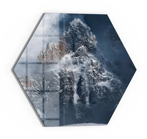 DEQOART Glas-Magnettafel | Sechseck 55x47,6 cm cm groß | Motiv Gipfel im Nebellicht | Memo-Board aus Glas | Magnetboard inkl. Magnete, Stift & Tuch für Küche & Büro | Tafel beschreibbar