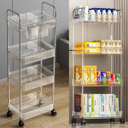 FGXY Küchenwagen mit 4 Ebenen, Servierwagen mit Aufhängebecher, Küchenwagen Schmal, 360°Drehbare Räder, für Büro, Küche, Schlafzimmer, Badezimmer, Waschküche, Schmale Plätze (Transparent)