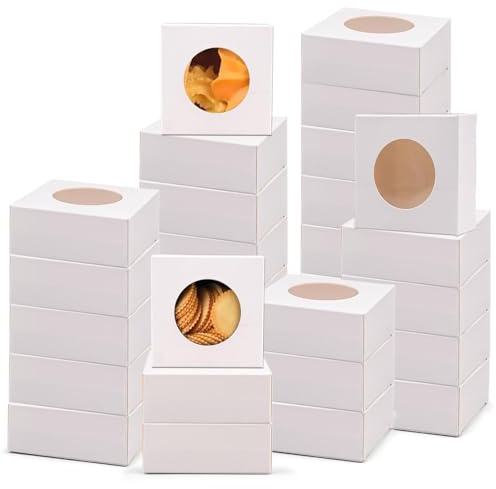 Kaxtde 100 Pack White Small Cookie Boxes with Window, 7.5 x 7.5 x 3 cm | Mini Homemade Soap Boxes Bulk, Kraft Bakery Packaging Box for Cake Cookies Candy Wedding Birthday Party Gift