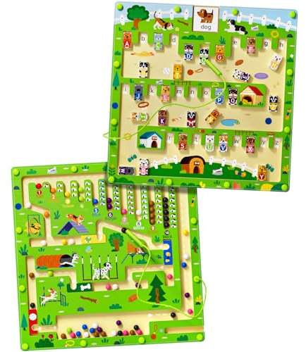 2 in 1 Magnetic Color and Number Maze Magnet Alphabet Counting Car Puzzle Double Sided Board Fine Motor Skills Montessori Educational Preschool Toys for Boys and Girls (Dog)