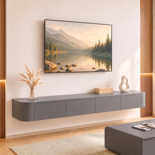 Ribanedy Modern Floating TV Unit | Wall-Mounted Entertainment Media Console | Large Storage TV Bench for Living Room & Office (Grey, 200cm)