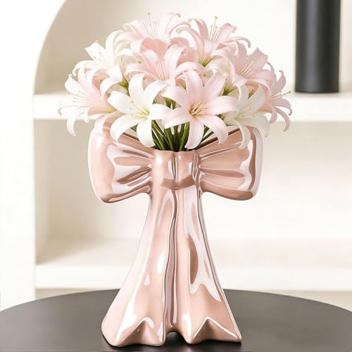 Disoza Schillerndes Rosa Schleife Vasen Tischdeko Keramik Modern Vase Vintage Vase für Pampasgras Blumen Trockenblumen Blumenvase Vasen für Hochzeit Porzelan Tulpenvase Küche Wohnzimmer