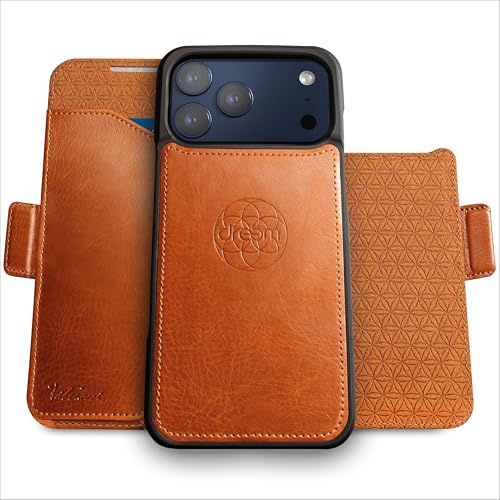 Dreem Vegan Leder Handyhülle für iPhone 17 Pro Max, Magnetisch & Abnehmbar | Neuartig vert/horiz Handyhalter, RFID-blockierende Kartenhülle, Kompatibel mit MagSafe, Geschenkbox [Fibonacci: Karamell]