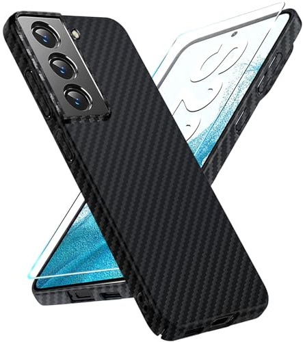 für Samsung S22 Hülle Carbon mit Schutzfolie Handyhülle S22 5G Hart Case Ultra dünn Hybrid PC Schutzhülle für Samsung Galaxy S22 Hüllen 360 Grad Stoßfest Slim Cover (Schwarz)