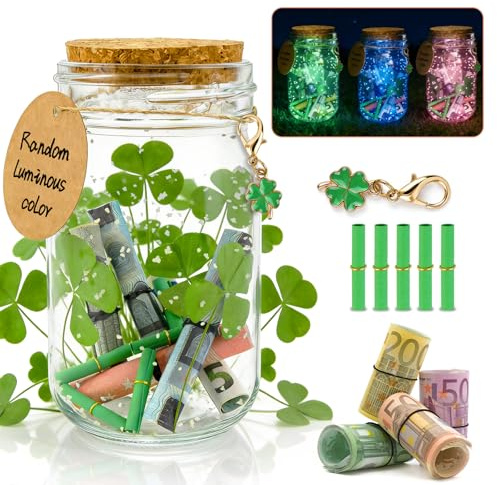 Wunscherfüller Geldgeschenke Verpackung, Glücksbringer Echte Vierblättriges Kleeblatt in Glasflasche mit Korken, Glücksbring Geschenk Glas für Geburtstag Hochzeit Prüfung Kommunion Jugendweihe
