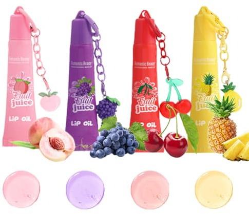 4PCS Hydrating Lip Gloss Keychain, Glossy Plumping Fruit Flavored Lip Oil | Shimmer Glossy Moisturizing Lip balm, High Shine Finish Lip Jelly Liquid Lipstick for Lip Care & Dry Lips, Girls & Women