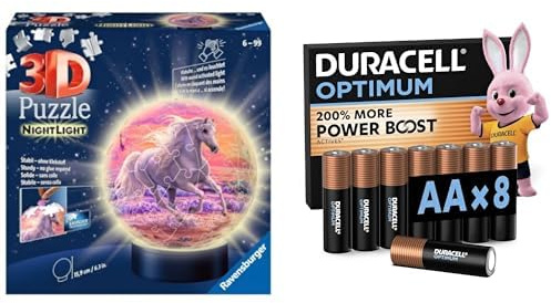 Ravensburger 3D Puzzle-Ball Pferde LED Nachtlicht, 6+ Jahre, & Duracell Optimum AA 8 Stück, Power Boost