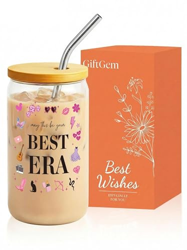 Music Lovers Gifts for Women - Clear Glass Cup with Bamboo Lid and Straw, Album Inspired Singer Tumbler, Transparent Iced Coffee Mug, Creative Birthday Gift for Music Fans Friends