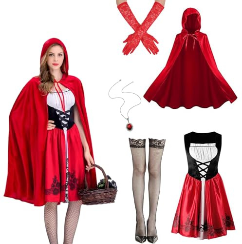 CWENDANER Rotkäppchen Kostüm für Erwachsene Rotkäppchen Kleid und Umhang mit Halskette,Handschuhe & schwarze strümpfe,Prinzessin Kostüm Red Riding Hood Outfits für Faschings Cosplay (Rot M)
