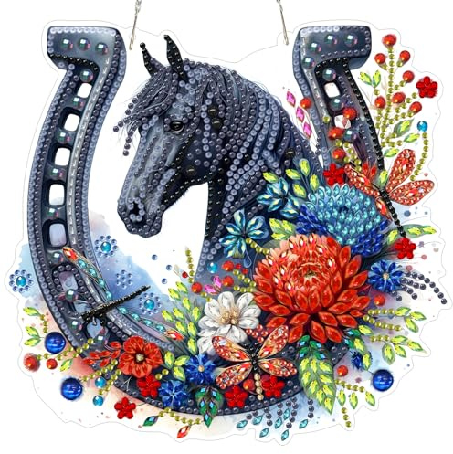 MEIYUDA 5D Diamond Painting Anhänger Erwachsene Kinder, Pferd Sonnenfänger Fensterbilder DIY Set Lichtfanger, Malerei Kristall Diamond Painting Set Erwachsene für Home Wand Décor