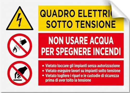 StampaGenerale® 4 Pz Adesivo Quadro Elettrico Sotto Tensione in PVC – A6 (14,8x10,5 Cm) Cartello Pericolo Elettrico Divieto Uso Acqua e Divieto di Contatto – per Interno ed Esterno Riparato (B)