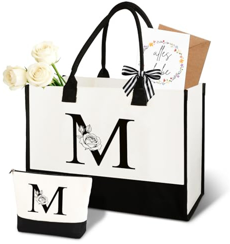 Anruzon Geschenke für Frauen – Personalisierte Initial A-Z Canvas Einkaufstasche & Kosmetiktasche, Grußkarte – Praktisches & Emotionales Geschenk für Mama, Freundin, Kollegin oder Schwester