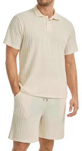 LVCBL Homme Survêtement de Sport Polo-Shirt à Manches Courtes et Short Ensemble Taupe XL