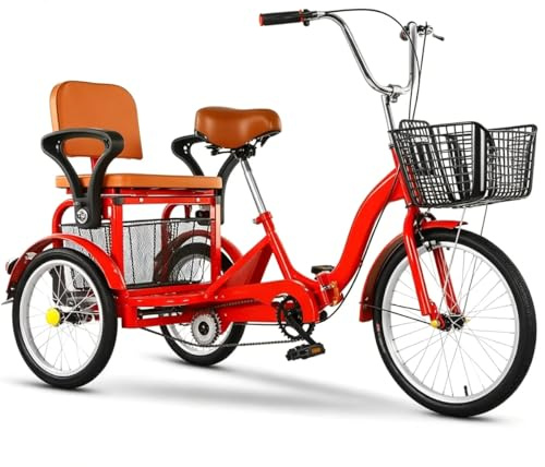 Generisch Zusammenklappbares Dreirad für Erwachsene,20-Zoll-Tandem-Dreirad mit Rücksitz für ältere Menschen,3-Räder-Cruiser-Dreirad mit empfindlichen Bremsen,Sattel und Lenker höhenverstellbar