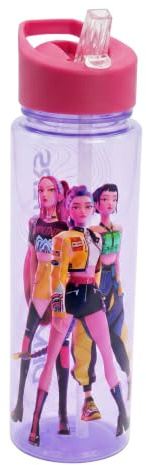KPop Demon Hunters Botella Reutilizable, Diseño Resistente Botella de Viaje, Incluye Asa y Pajita, Capacidad de 750 ml