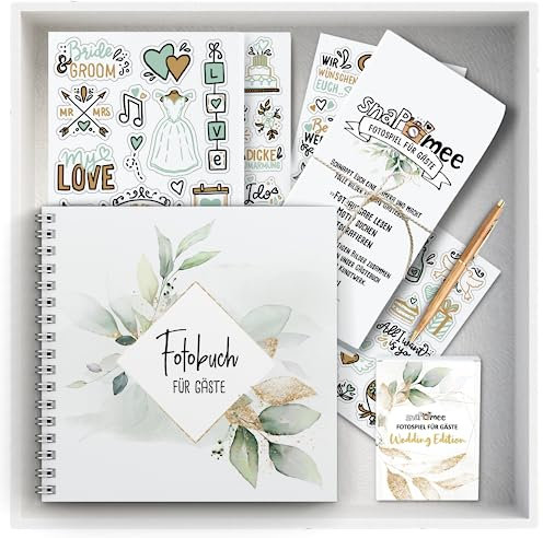 Fotospiel Hochzeit Set by snaPmee - 50+4 Fotoaufgaben, Fotobuch (Hardcover) mit Stift, 133 Sticker, 10 Tischaufsteller - als Gästebuch Alternative