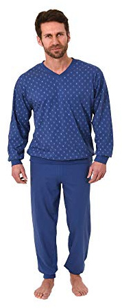 Herren Pyjama Schlafanzug Langarm mit Bündchen - V-Hals - 181 101 90 001, Farbe:Marine, Größe:52