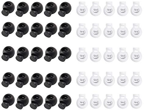 WJUAN 50-Pack Round Cord Locks (25 Black + 25 White) - 6mm Single Hole Plastic Cord Stoppers for Drawstrings, Backpacks, Masks & Clothing